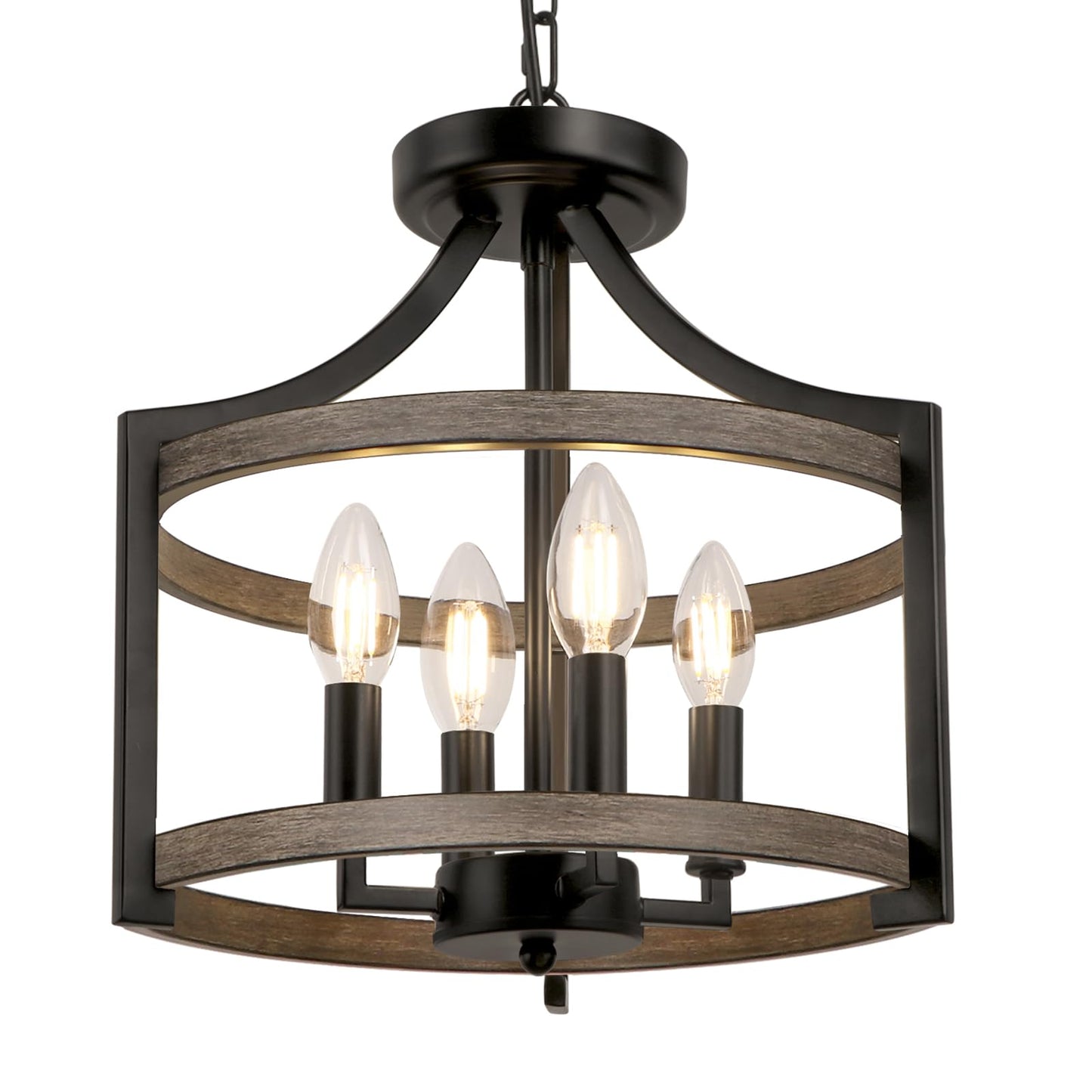 Wbindx 4-Light Farmhouse Chandelier Rustic Metal Hanging Pendant Lighting Convertible Semi Flush Mount Ceiling Light Fixture Faux Wood Black Chandeliers For Dining Room Kitchen Foyer Entryway