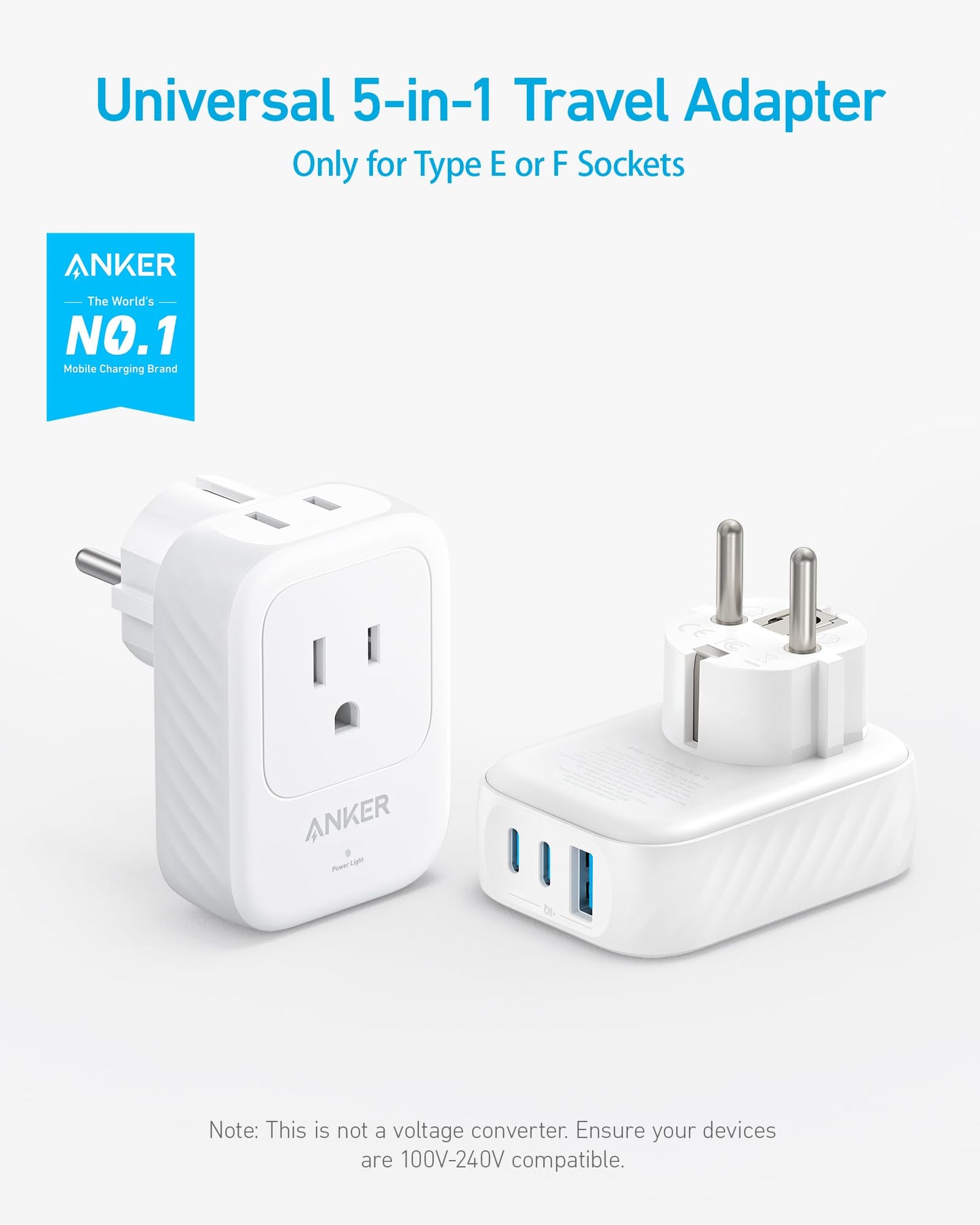 Anker European Travel Plug Adapter, 15W USB-C & 2 AC Outlets, Fits Type E/F Sockets, Compact for iPhone, iPad & More (Not Compatible with Type L/G Sockets)