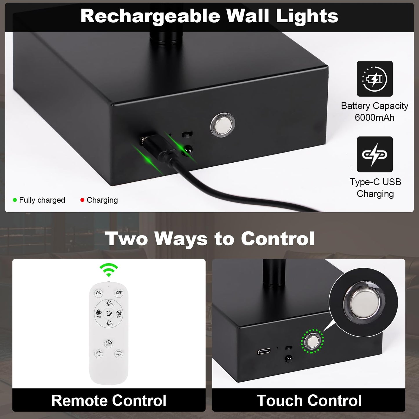 JZEKVN Wall Sconces Set of Two, 39.4in Dimmable Black LED Lights, Battery Operated, 350° Rotation, Model 20241114002