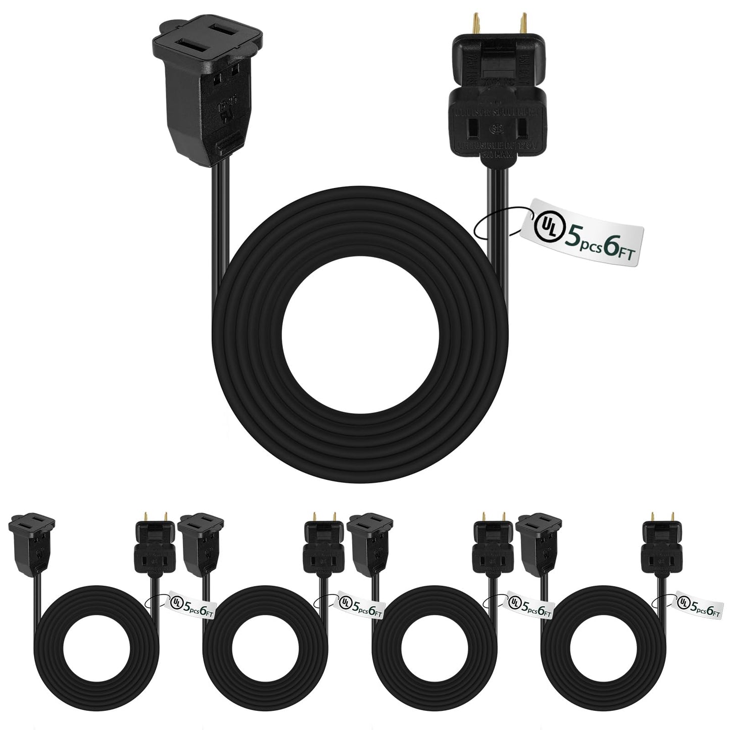 Kanayu 20 Pack 6 ft Black Indoor Extension Cord 2 Prong Electric Cord Extender, Wire Plug in and End, Ac 120 Volts, for Outdoor