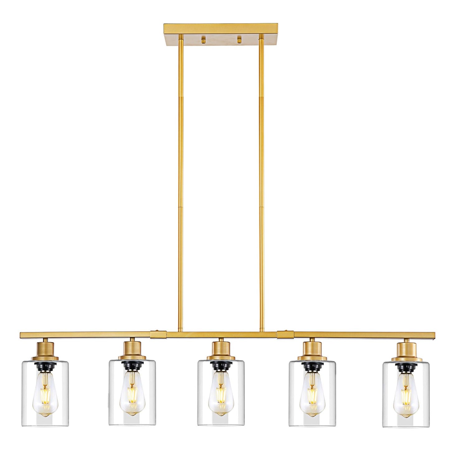 3WWWUEE 39.4 Kitchen Island Lighting, 5 Lights Clear Glass Pendant Light Fixtue, Golden Linear Metal Chandelier for Dining&Livin