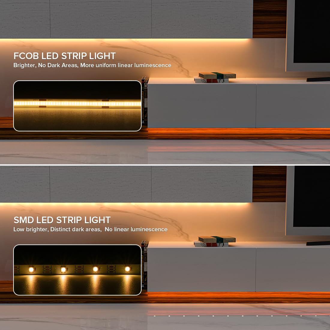 FCOB LED Strip Lights 16.4FT IP65 Waterproof Dimmable 2700K Warm White 480LEDs/m DC24V Flexible Cuttable Tape