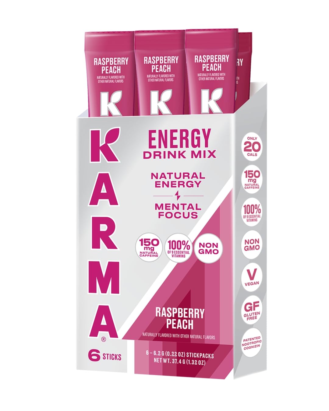 Karma Energy Hydration Packets - 6 Pack Raspberry Peach Drink Mix with Cognizin Nootropics Vitamins & Immune Support Low Calorie