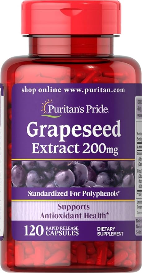 Puritan's Pride Grapeseed Extract 200mg, Dietary Supplement for Antioxidant and Heart Health Support, 2 Month Supply, 120 Rapid Release Capsules