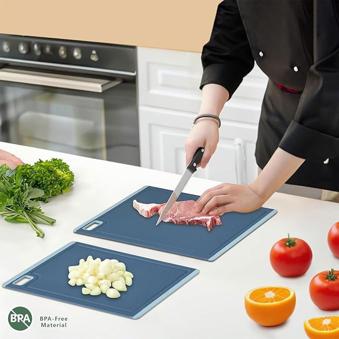 Kitchen Cutting Boards Set of 2, Clear BPA Plastic, Dishwasher Safe, Juice Slots, Anti-Knife Cutting Mats, Blue