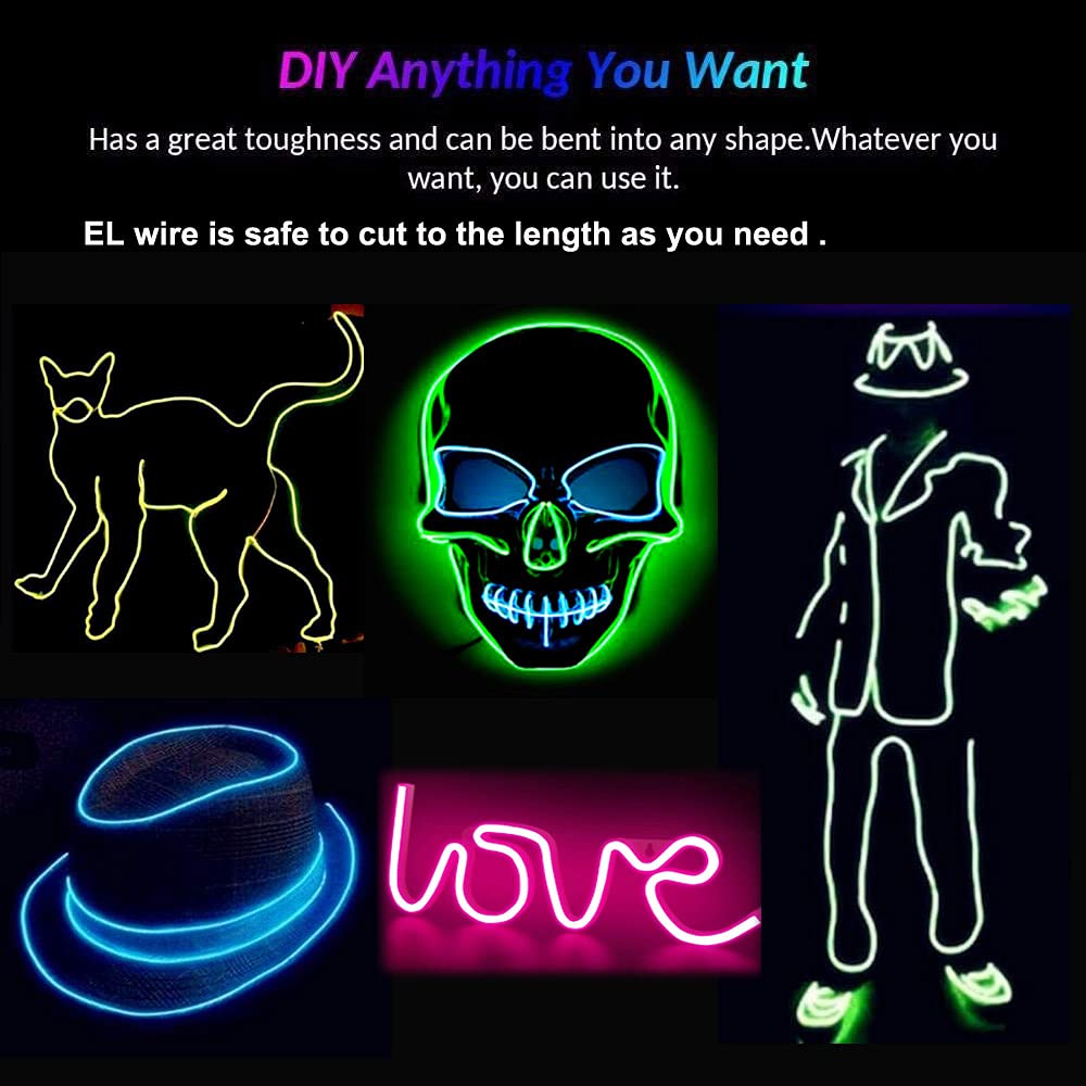 Maxlax El Wire Blue 10-Pack 16.4Ft/5M Neon Light Wire With Noise Reduction And Battery Pack
