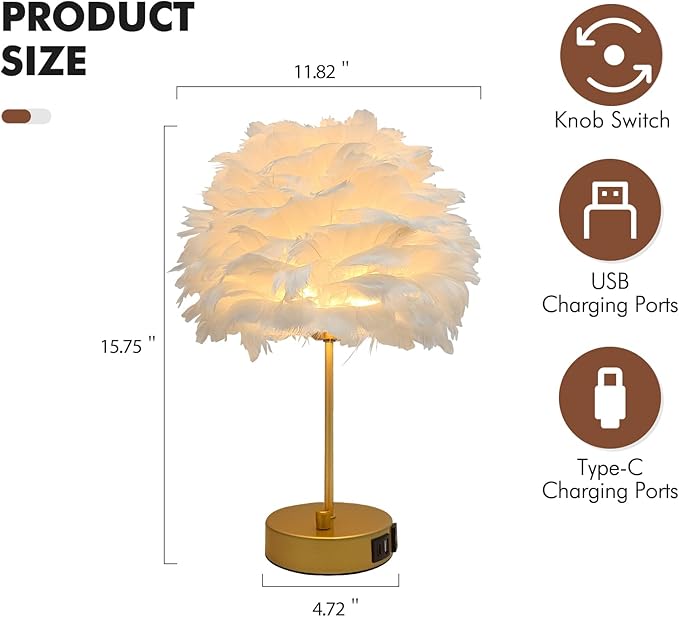 ZYLEIESENBAO Chic White Feather Lamp with USB Charging Port Modern Feather Table Lamp Cute Romantic Bedside Nightstand Light for Girl Room Childrens Room Living Room Entry Wedding Decoration