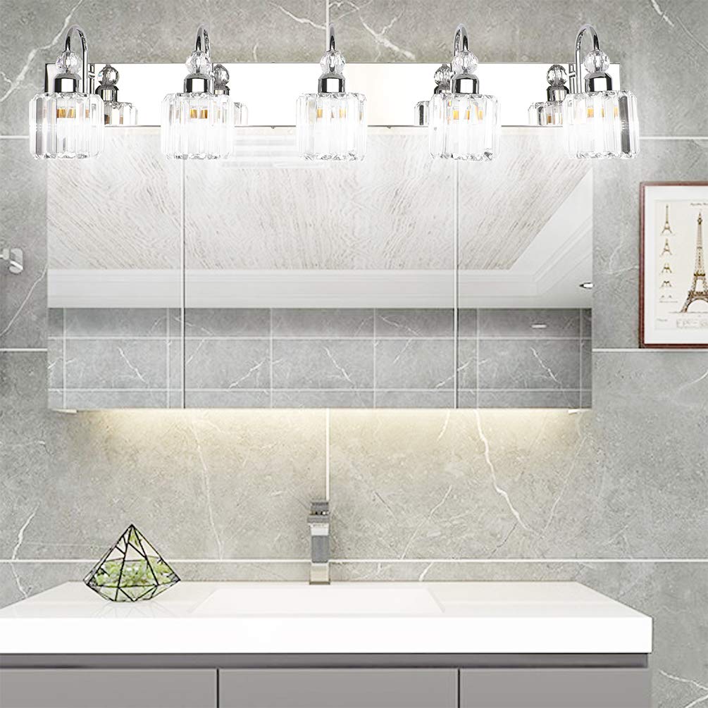 Ralbay 5-Light Modern Led Crystal Bathroom Vanity Lights, Stainless Steel Over Mirror Fixture, Round-Chrome Finish, Model 8600