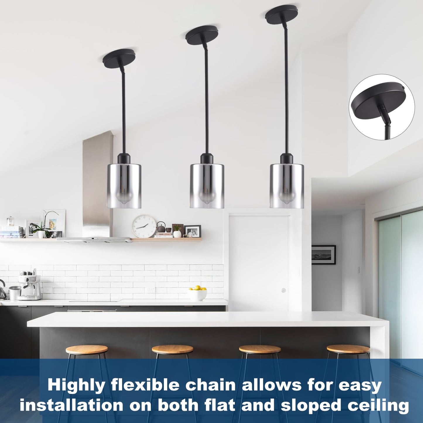 Ihengyanlt 2 Pack Pendant Light Kitchen Island Pendant Lighting Hanging Light With Silver Gradient Glass Shade Black Modern Indoor Hanging Lamp