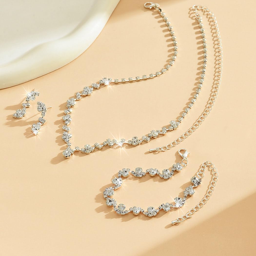 Unicra Bride Crystal Necklace Bracelet Earrings Set Bridal Wedding Jewelry Sets Rhinestone Choker Necklace Prom Costume Jewelry