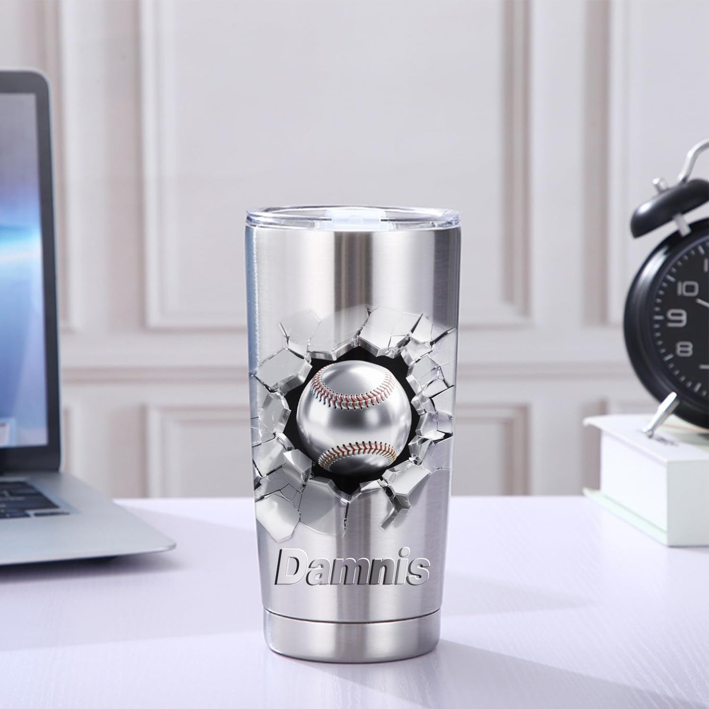 Personalized baseball Ball With 3D Cracked Wall Stainless Steel Silver Tumbler Mug, Custom Name Sport baseball Lovers Player Tumbler Mug,Customized Father's Day Birthday Sport Gift For Dad Men
