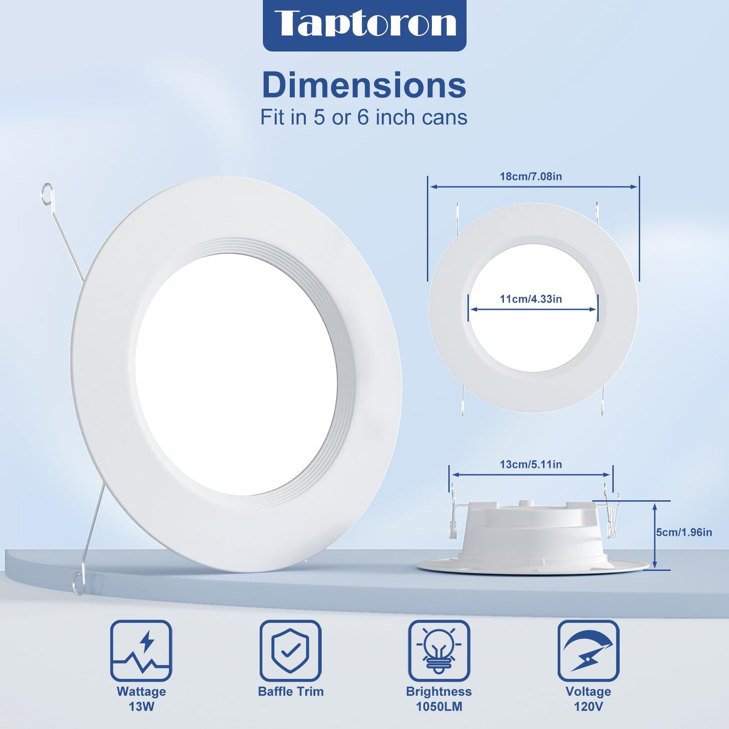 Taptoron Recessed Lighting 5/6 Inch LED Can Lights, 13W 1050LM, Dimmable, 12 Pack, White, Model TD3C002