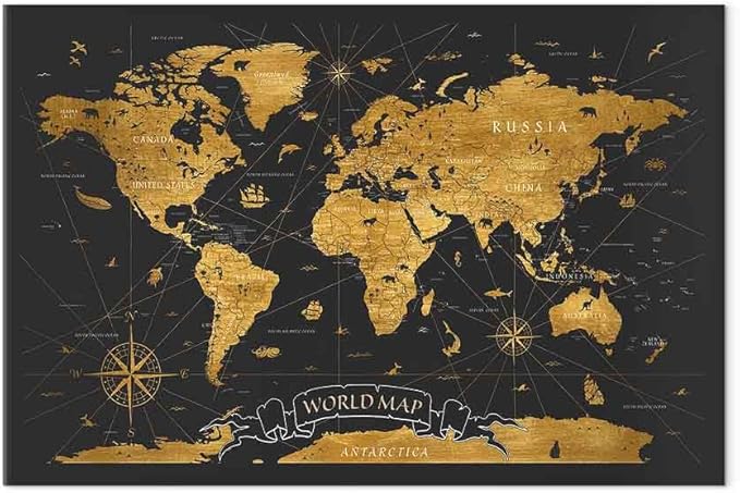 artgeist Canvas Wall Art Print World Map 35x24 in - 1pcs Home Decor Framed Stretched Picture Photo Painting Artwork Modern Art Image World Map Black Continents k-A-0490-b-a