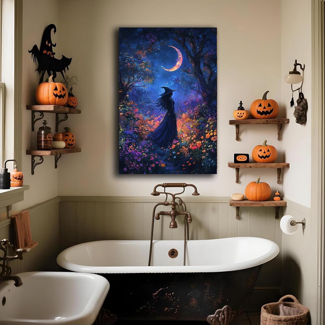 Vintage Halloween Witch Decor Mystic Gothic Wall Art Poster,Enchanting Witch Fall Whimsical Wildflowers Woodland Forest Crescent Moon Picture Art,Creepy Witchy Home Decor,24"x36" Unframed