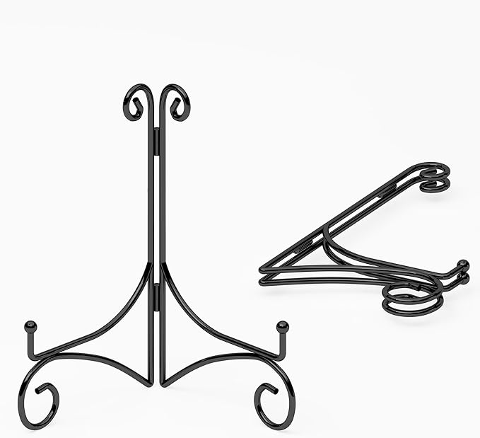 10 Inch Display Plate Holder with Folding Design, Metal Table Stand for Home Decoration, Picture Easel, Photo Frame Stand - Black