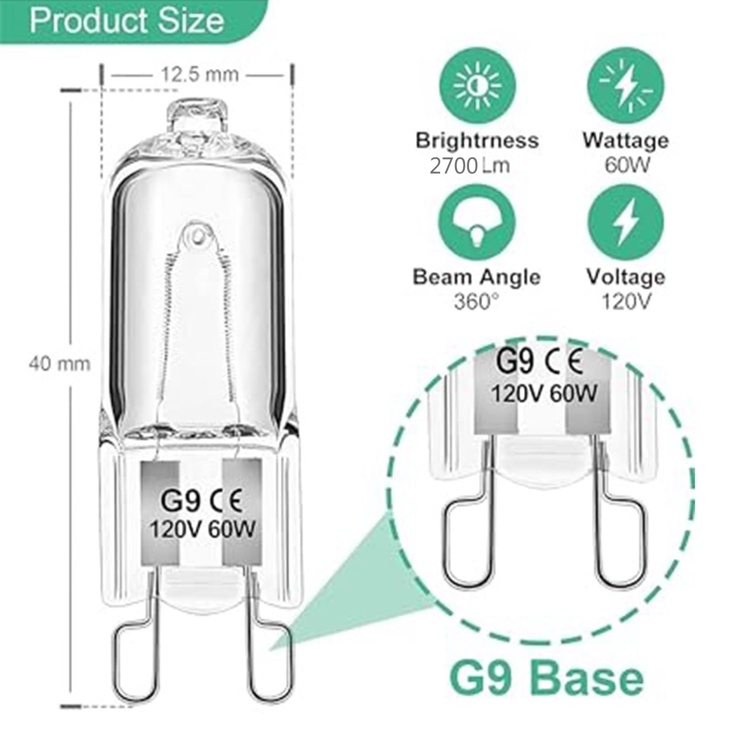 Jaenmsa 60W G9 Halogen Light Bulbs 2 Pin, 12 Pcs Xenon G9 Bulb 60 Watt 120V, JCD T4 Halogen g9 Bi-Pin Small Light Bulb for Microwave Oven, Range Hood Light, Bathroom Light Bulb, Chandeliers, Dimmable