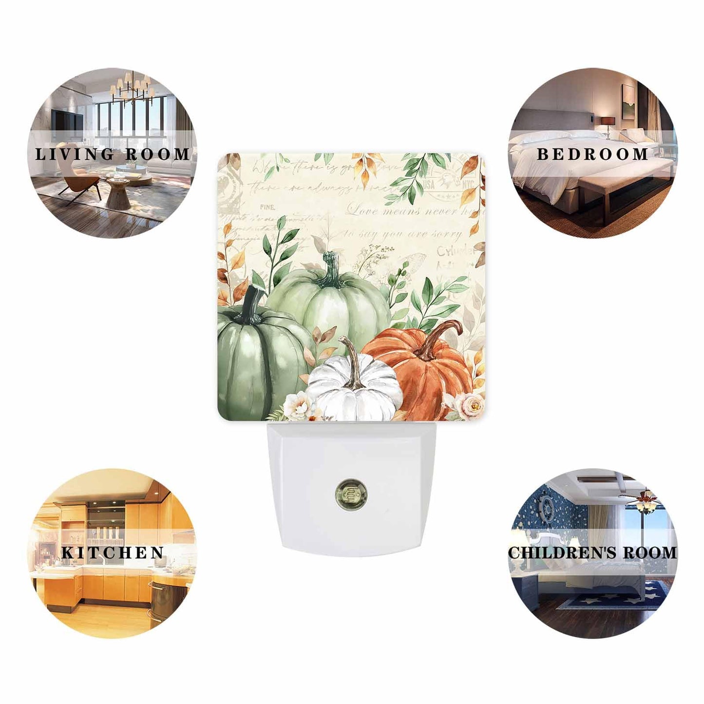 Fall Night Lights Auto Sensor Sage Green Pumpkin Plug-In Led Nightlights Dusk To Dawn For Living Room Bedroom Bathroom Kitchen Hallway Stairways Thanksgiving Holiday Floral Eucalyptus Leaves