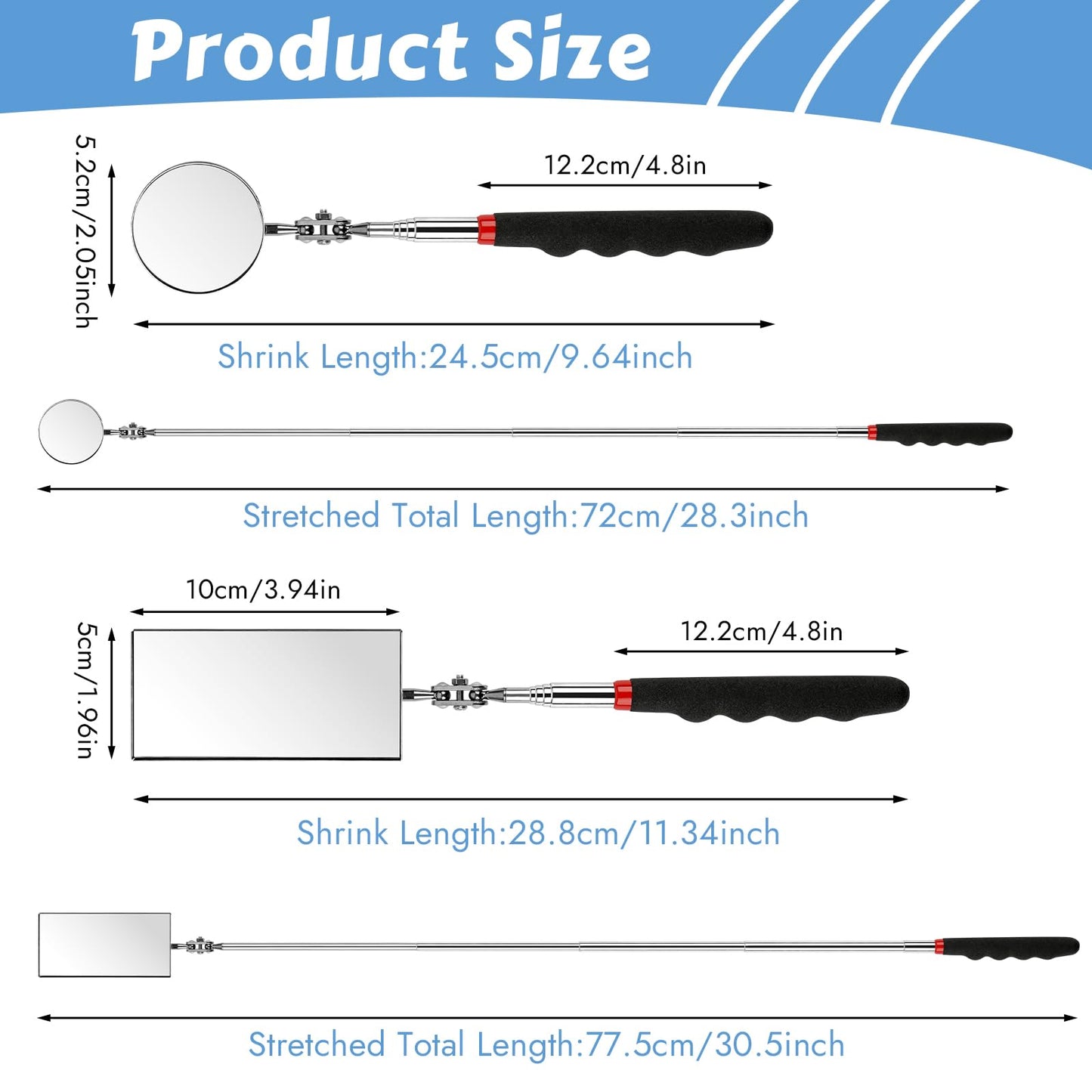 2 Pieces Telescoping Inspection Mirror, 360° Swivel Extendable Mechanic Automotive Mirrors Tools, Rectangular Round Mirror on a Stick for Mechanics, Automotive Repair, Contractors, Home Inspection