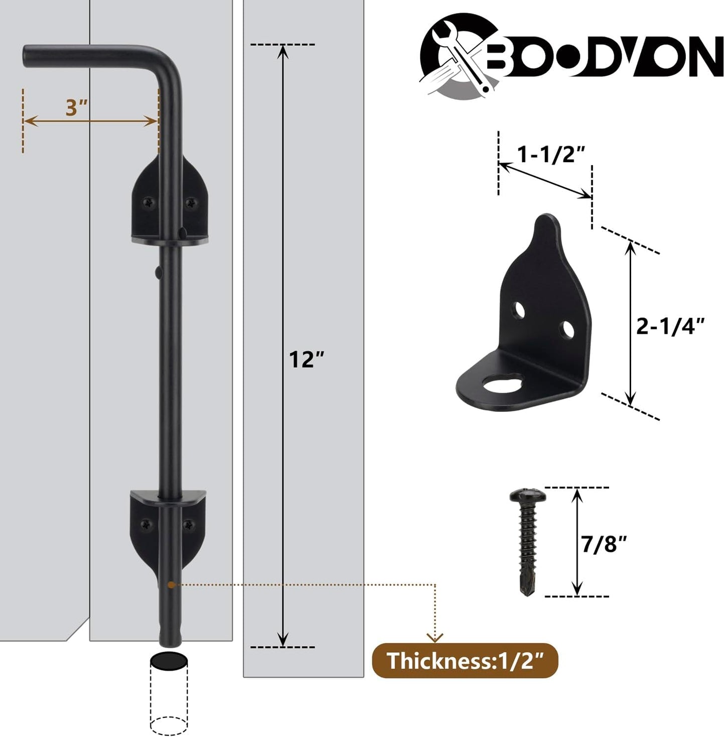 12 Inch Cane Bolt Gate Drop Rod Heavy Duty Gate Hardware, Gate Ground Latch for Wooden Fences, Metal Gates Doors Stopper for Gate Ground, Wrought Iron Gate Latches, Black Finish(2 Pack)