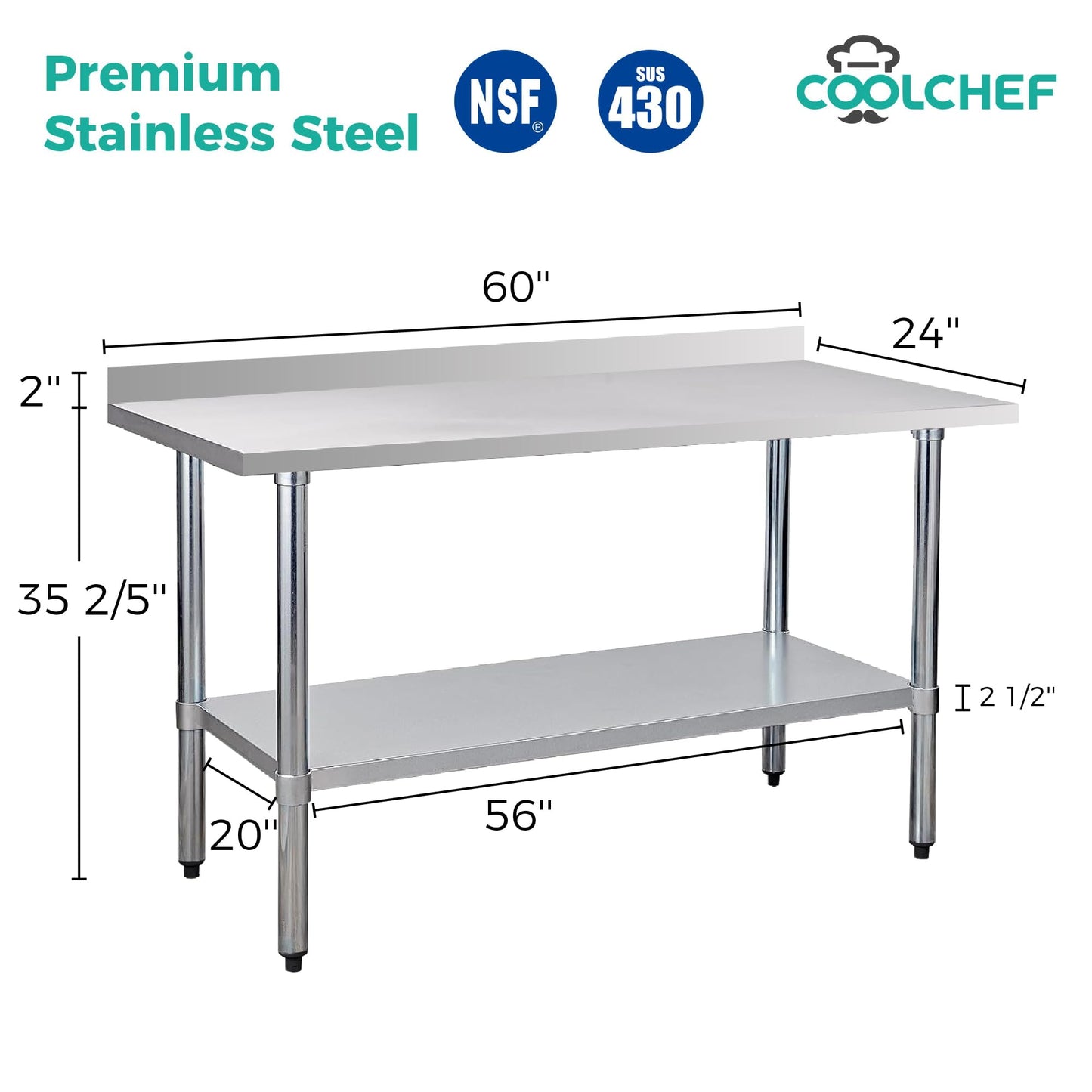 COOLCHEF Stainless Steel Work Table 24 x 60 Inch, NSF Commercial Prep Table with Undershelf, Heavy Duty Food Prep Workstation with Backsplash