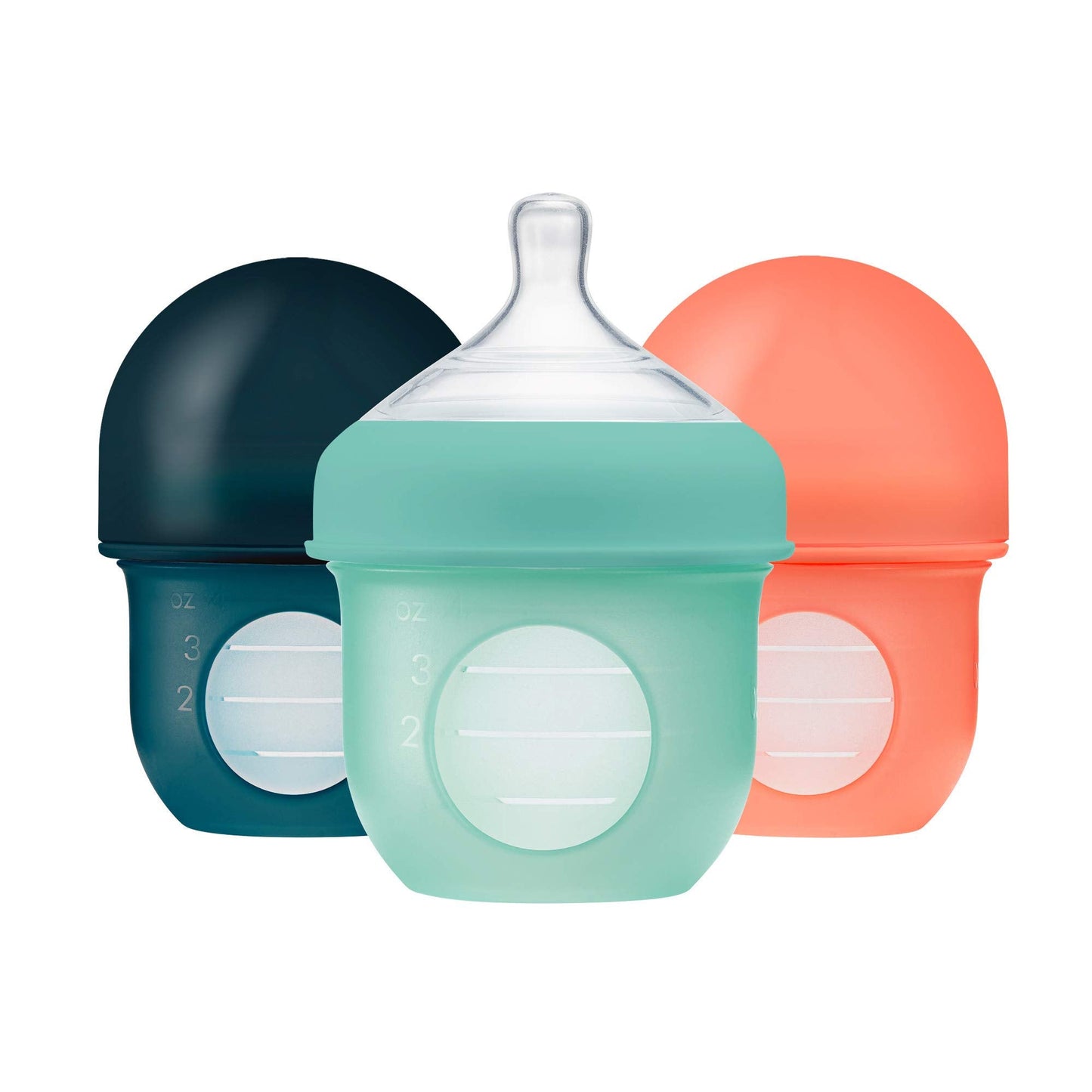 Boon Nursh Reusable Silicone Baby Bottles with Collapsible Pouch - Stage 1 Slow & Stage 2 Medium Flow - Mint & Tie Dye - 3 Count Each