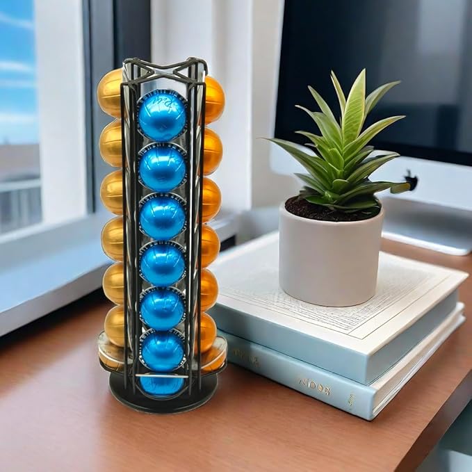 Vertuo Pod Holder Carousel Stand for 28 Nespresso Vertuo Capsule Storage Organizer with Extra Space for Coffee Mate Silent Rolling,Black