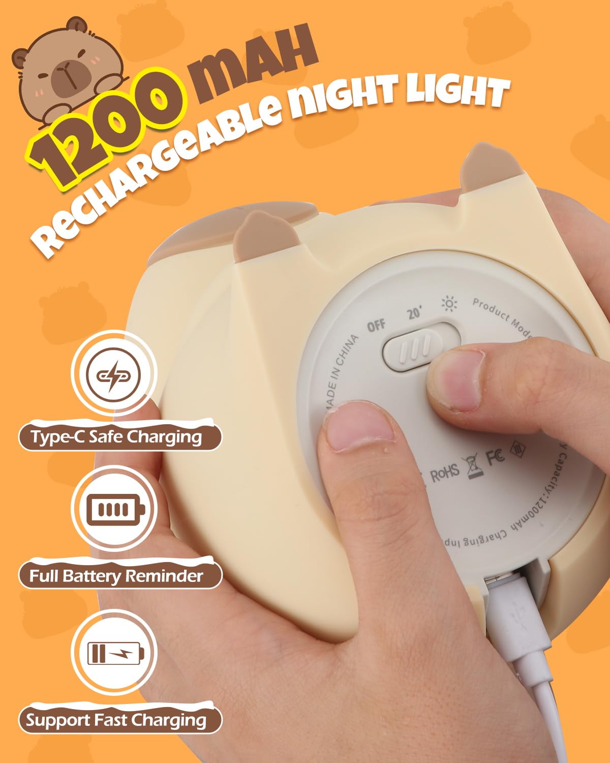 Cute Capybara Night Light Animal Lamp Food Grade Silicone Rechargeable 2 Level Dimmable Squishy Nursery Nightlight For Desk Decor Funny Gifts Stuff For Boys Girls Baby White Elephant Gifts