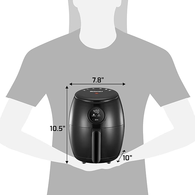 Elite Gourmet EAF2612D Personal 2.1Qt Compact Space Saving Programmable Hot Air Fryer, Oil-Less Healthy Cooker, Timer & Temperature Controls, 1000W, Black