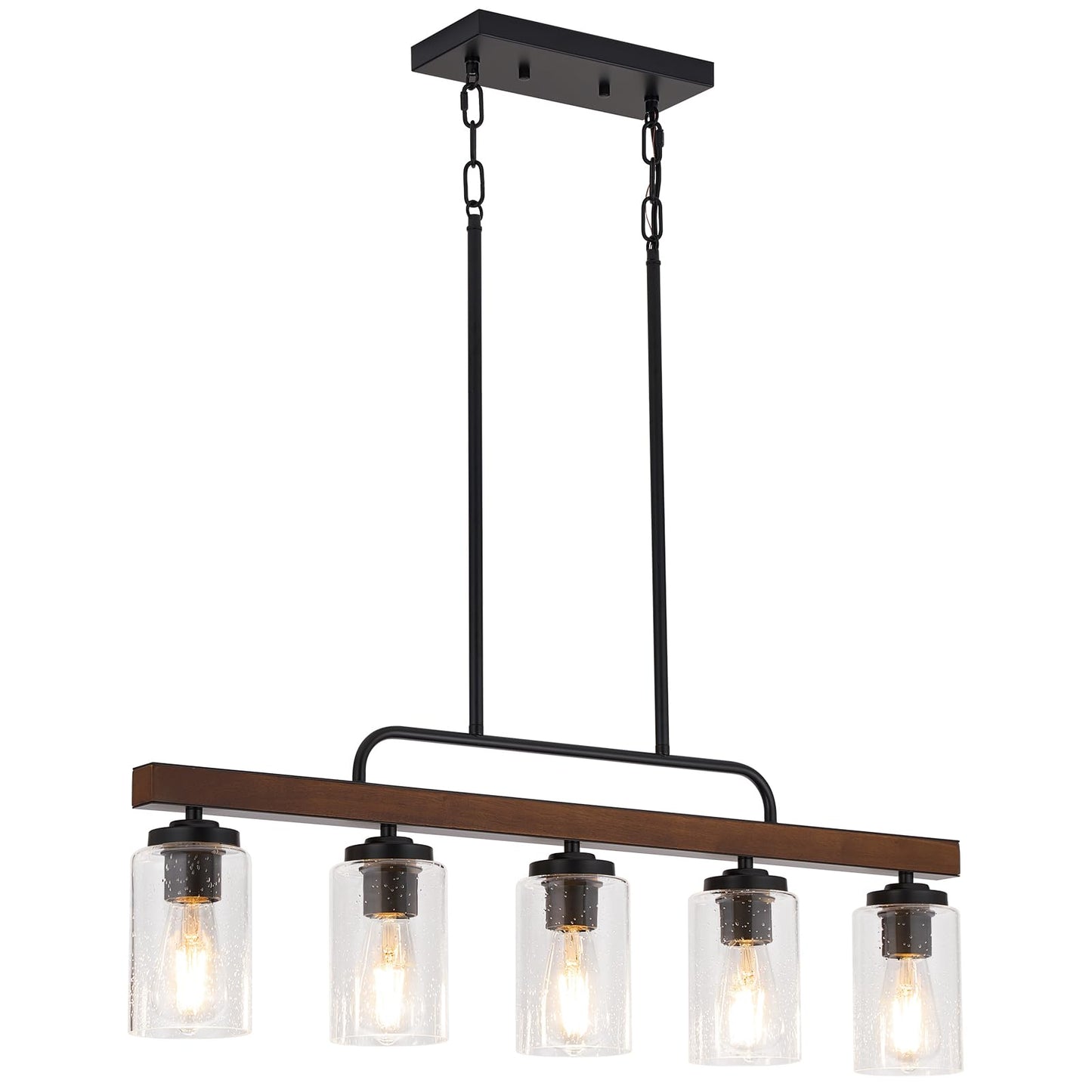 Farmhouse Chandelier 5-Light Dining Room Light Fixture Over Table Kitchen Island Lighting Rustic Chandeliers For Dining Light With Seeded Glass Shade Wood Pendant Lights Kitchen Island