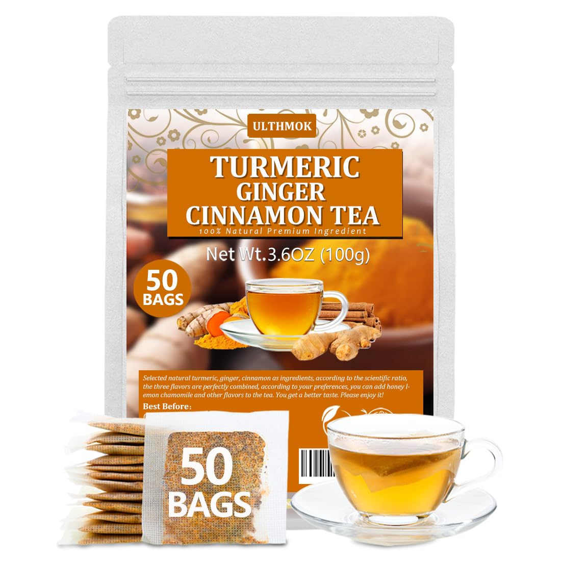 50 enhanced Turmeric Ginger Cinnamon Blend Tea Bags 100% Natural & No Additives & Caffeine Free.