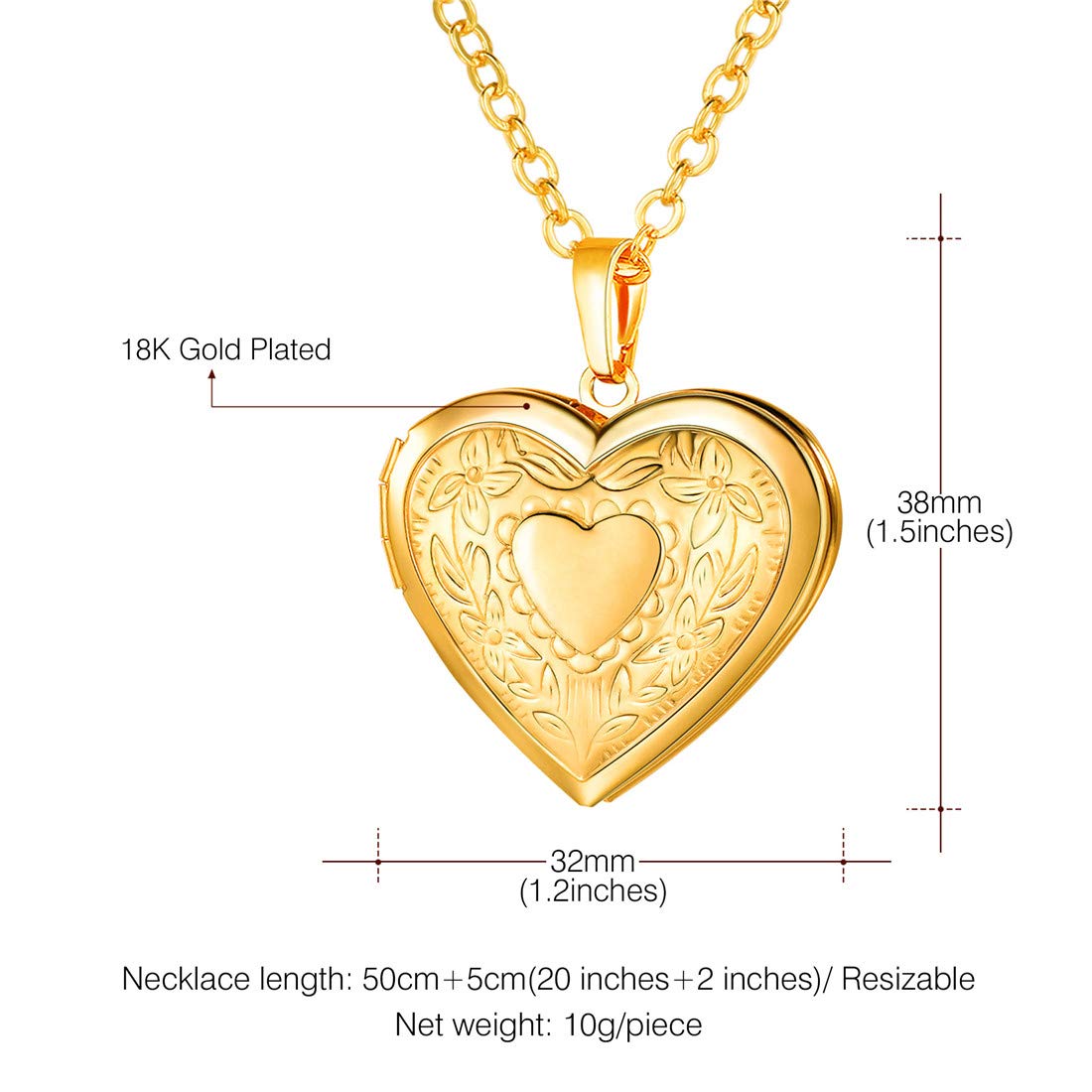 U7 Women 18K Gold Plated Heart Photo Locket Pendant Necklace, 22 Chain