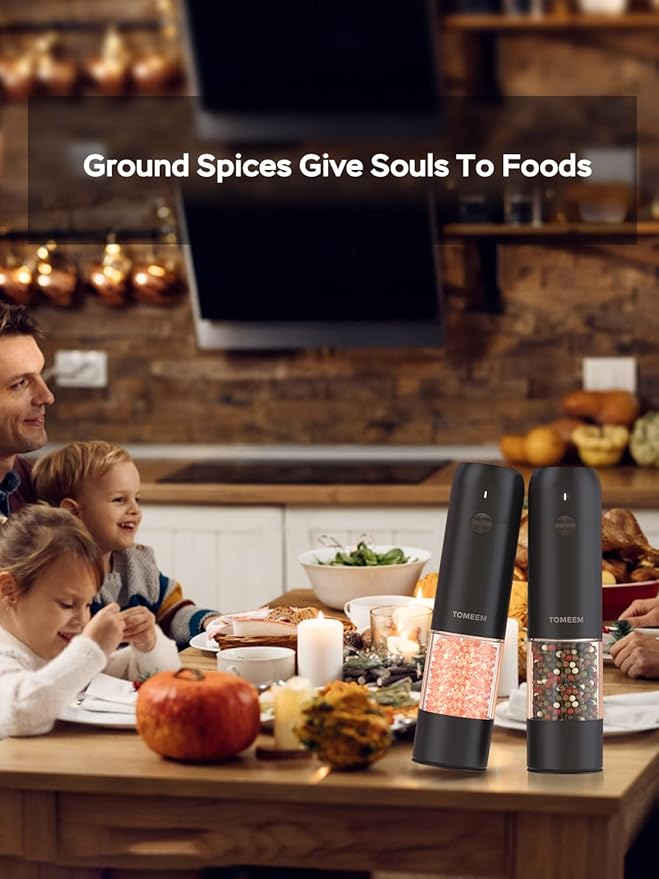 TOMEEM Electric Salt and Pepper Grinder Set with LED Lights – Rechargeable Automatic Pepper and Salt Mill with 6 Adjustable Coarseness for Kitchen, BBQ & Gifts