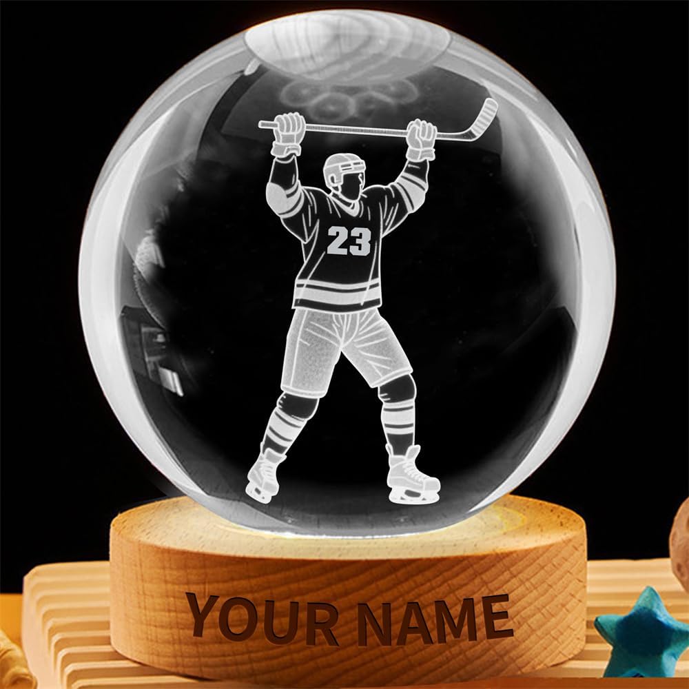 Personalized Ice Hockey Crystal Night Light Gift for Men Women, Custom Name/Number Hockey Player 3D Crystal Ball Night Light Lamp for Bedroom Room Sports Decor Party Bar Christmas Birthday Gift