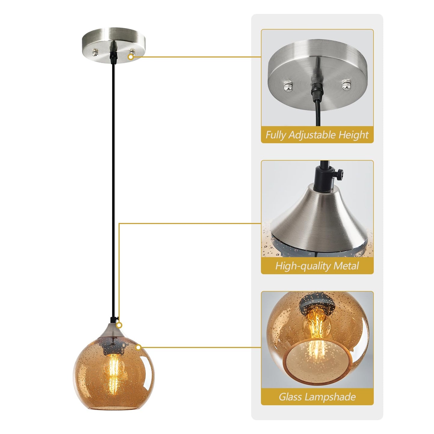 Lbsqj Amber Glass Pendant Lights Kitchen Island Globe Pendant Light Fixtures Modern Pendant Lighting For Bedroom Living Dining Room Light Fixture (5.9 In 2 Pack)