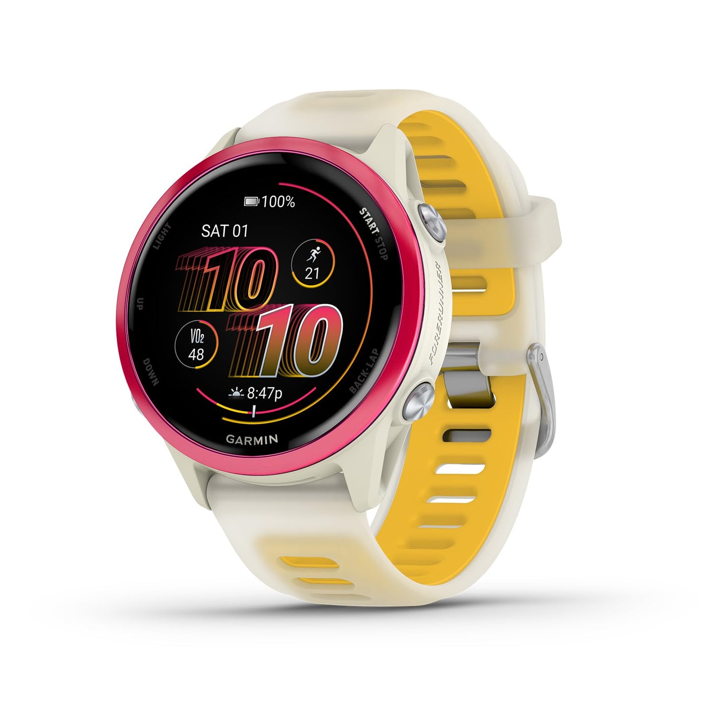 Garmin Forerunner 570 Running Smartwatch, 42MM WiFi, GPS Fitness Smart Watch for Men and Women, Raspberry Aluminum with Translucent Bone/Mango Band Bundle with P-Bank + More