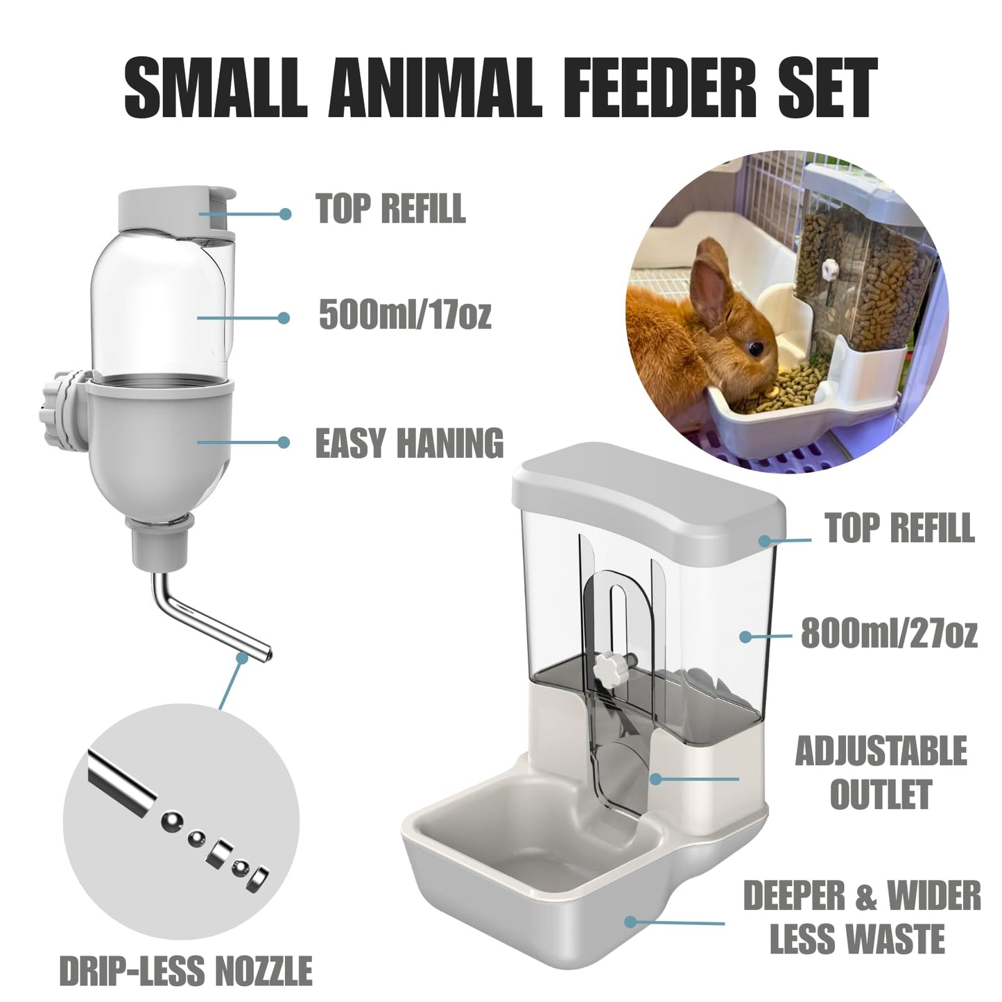 Automatic Pet Food Water Dispenser, Auto Gravity Pet Feeder Water Bottle Set for Crate Cage, Feeding Station for Small Dog Cat Rabbit Guinea Pigs Chinchilla Ferret Hedgehog (Gray)