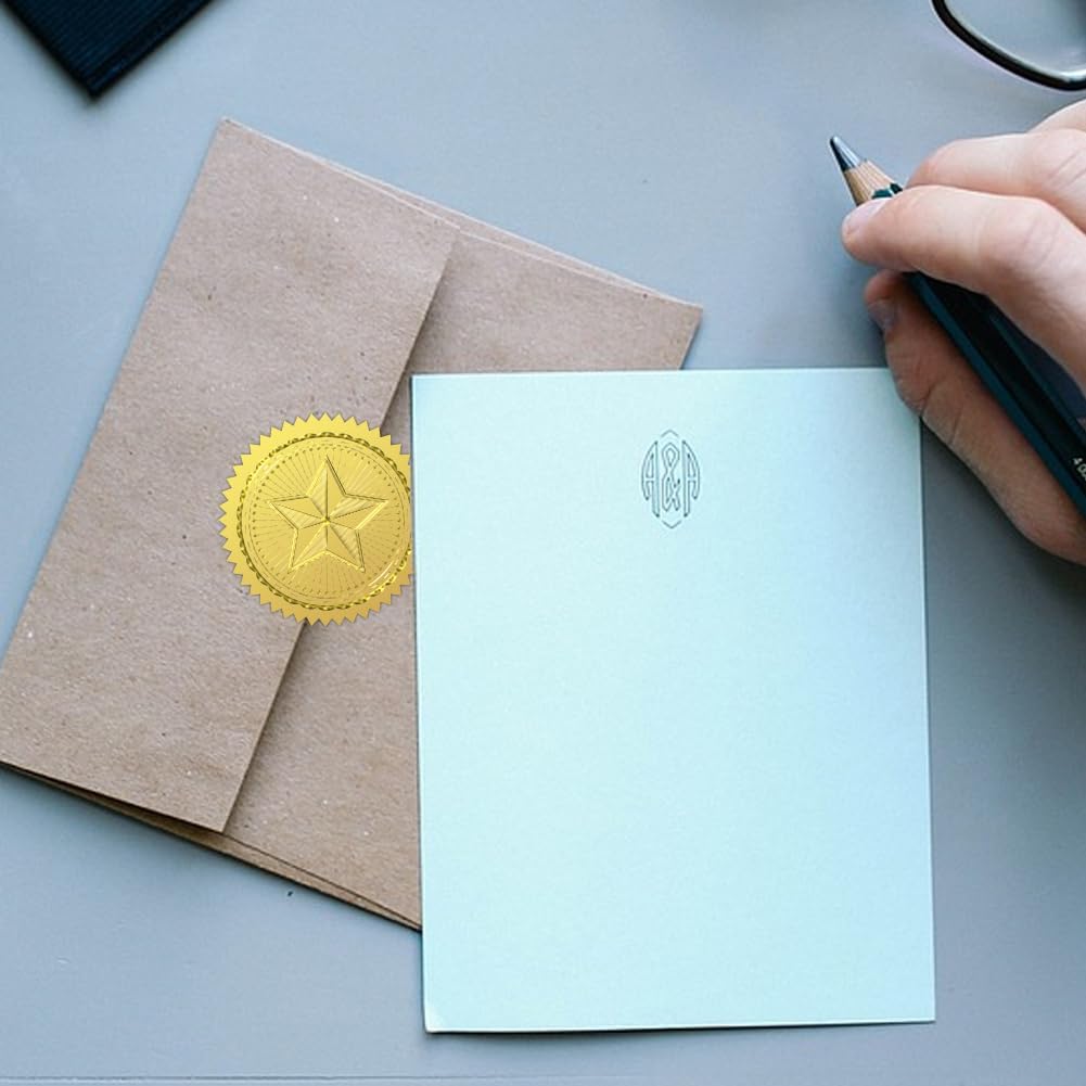 Peacoblue Gold Foil Stickers Seals Official Embossed 2 Inch 100Pcs Star, Self Adhesive Gold Around Embossing Medal Stickers for Certificate Paper, Envelope Seals, Awards and Achievements