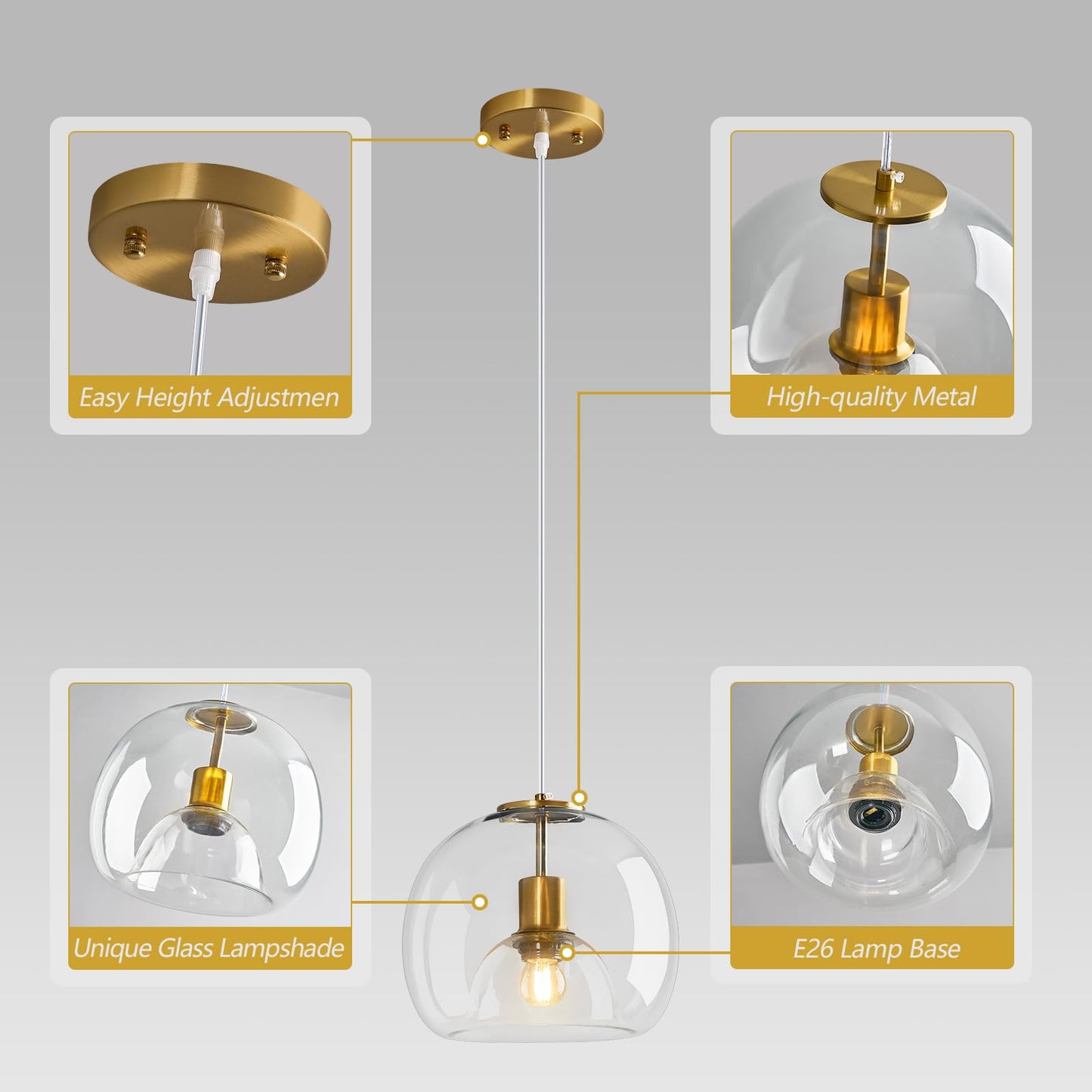 Lbsqj Clear Glass Pendant Lights Kitchen Island Gold Hanging Light Fixture Glass Globe Pendant Light Modern Pendant Lighting For Kitchen Island Bedroom Dining Room (9.84 1 Pack)