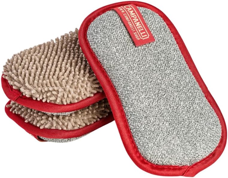 CAMPANELLI Premium Dish Sponge with DiamondFiber, 3 Pack, Chenille Microfiber, Dual-Sided Scrubber, Washable Reusable, for Dishes Pots Pans, Taupe Gray Red, 6.5x4 inch