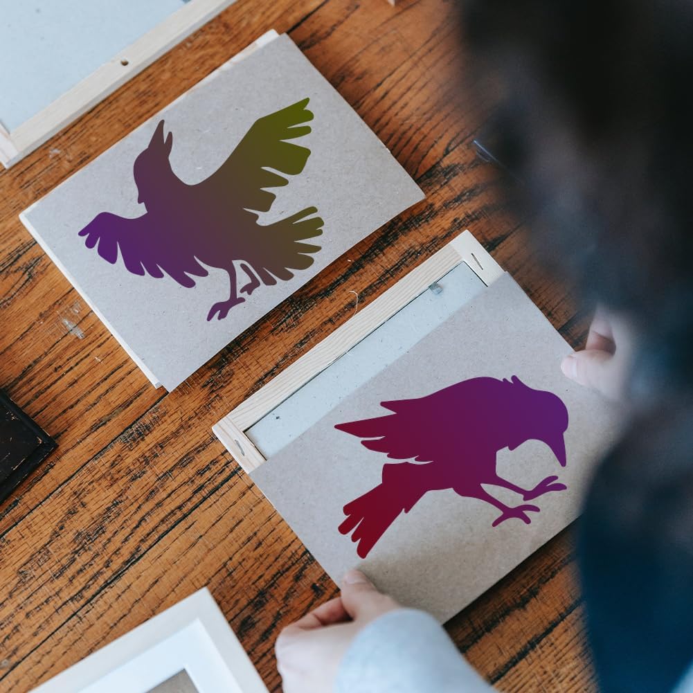 MAYJOYDIY 9pcs Crow Stencils 6×6inch Primitive Raven Stencil with Paint Brush Halloween Birds Stencil Template for Crafts Wood Wall Fabric Paper Wall Furniture