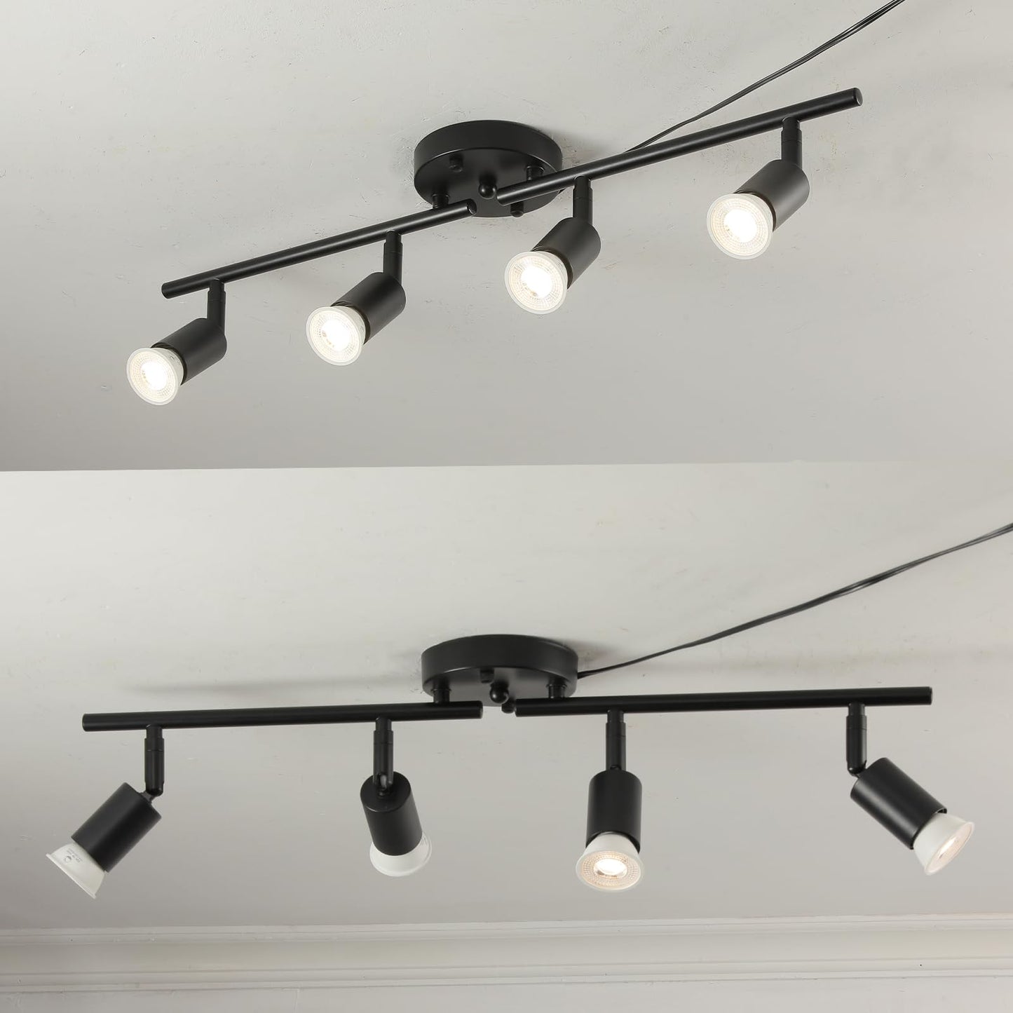 Vivihobb Plug In Track Light Black 4 Light Plug In Ceiling Lighting Fixture With 16.4 Long Cord 4 Way Ceiling Spotlight Rotatable Wall Mount Light Head Bulbs Not Included