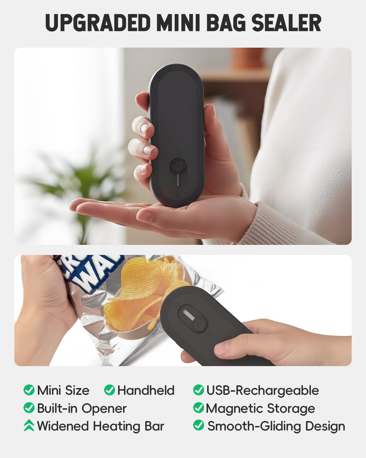 Mini Bag Sealer with Cutter and Magnet, 1800mAh Rechargeable Bag Resealer Handheld, Portable Heat Sealer for Heavy-Duty Plastic Snack & Chip Bags, Upgraded, Gift for Women, Food Saver, Kitchen Storage