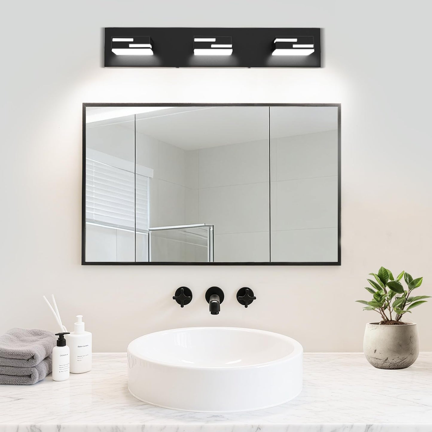 Lkhf Led Modern Bathroom Vanity Light Fixtures 3-Light 22-Inch Dimmable Matte Black Vanity Lights For Bathroom Lighting Fixtures Over Mirror With 350?Rotatable Acrylic Heads (Cool White 6000K)