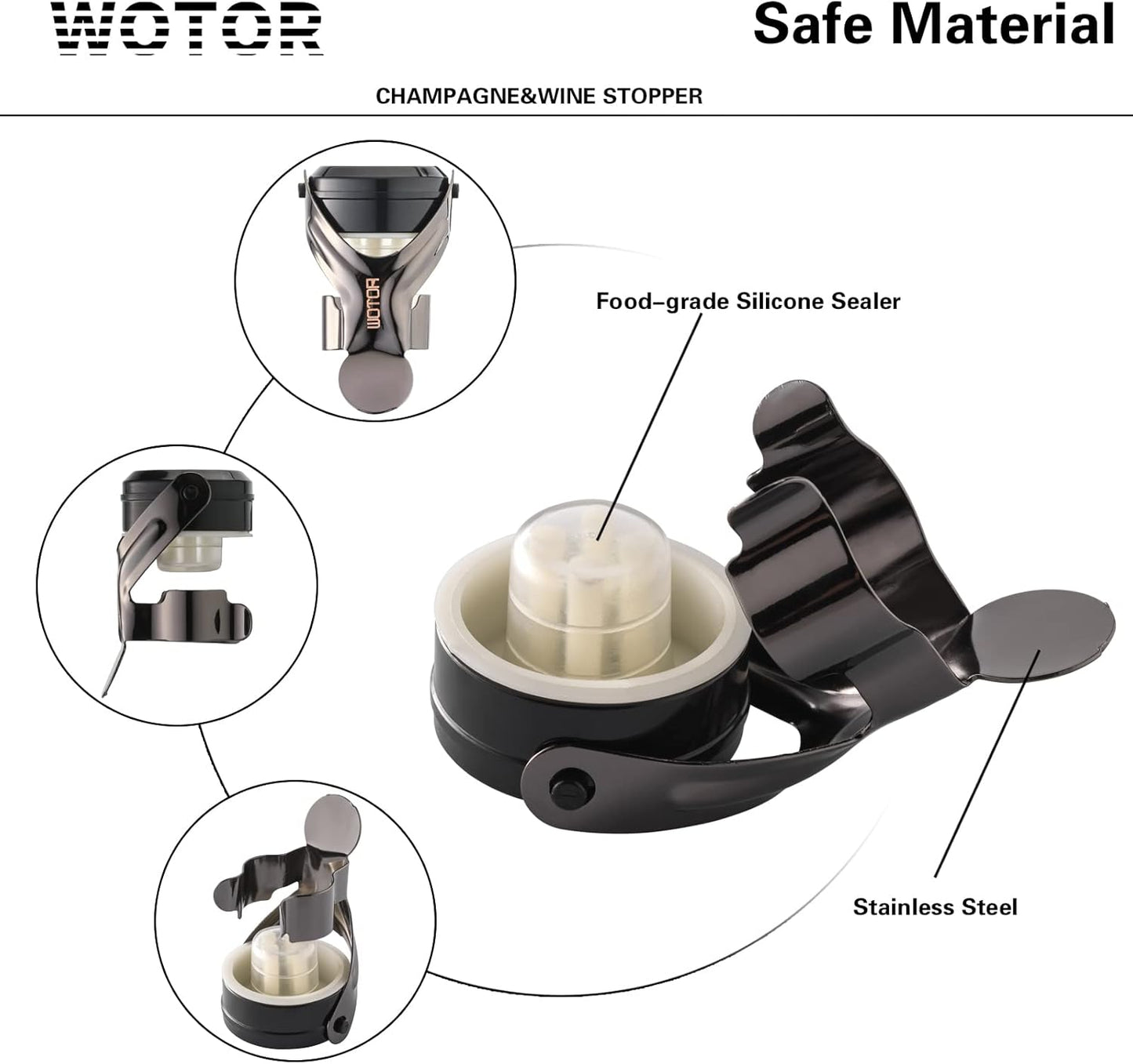 WOTOR Champagne&Wine Bottle Stoppers Stainless Steel with Food Grade Silicone, Leak Proof Keep Fresh Reusable Saver, Cork Suitable for Wine, Champagne, Cava, Prosecco and Sparkling (2 Pack Black)