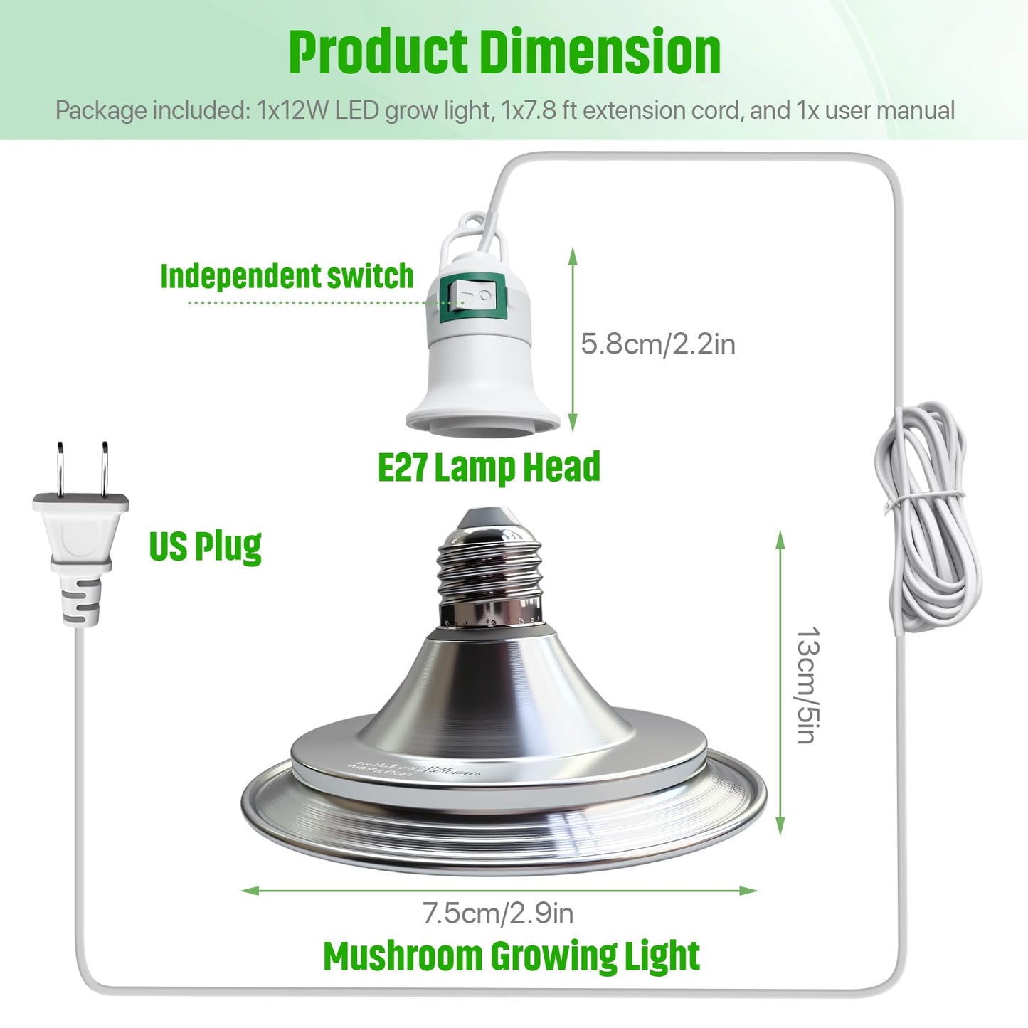 Ehaijia LED Growing Light for Mushroom Kit, Dual Spectrum, 7.8 Ft Extension Cord, Silver, Model MGD01