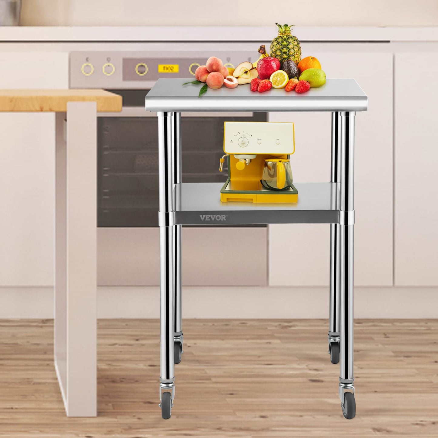 VEVOR Stainless Steel Prep Table, 24 x 24 x 33.5 Inch, 600lbs Load Capacity Heavy Duty Metal Worktable with Adjustable Undershelf & Universal Wheels, Commercial Workstation for Kitchen Garage Backyard