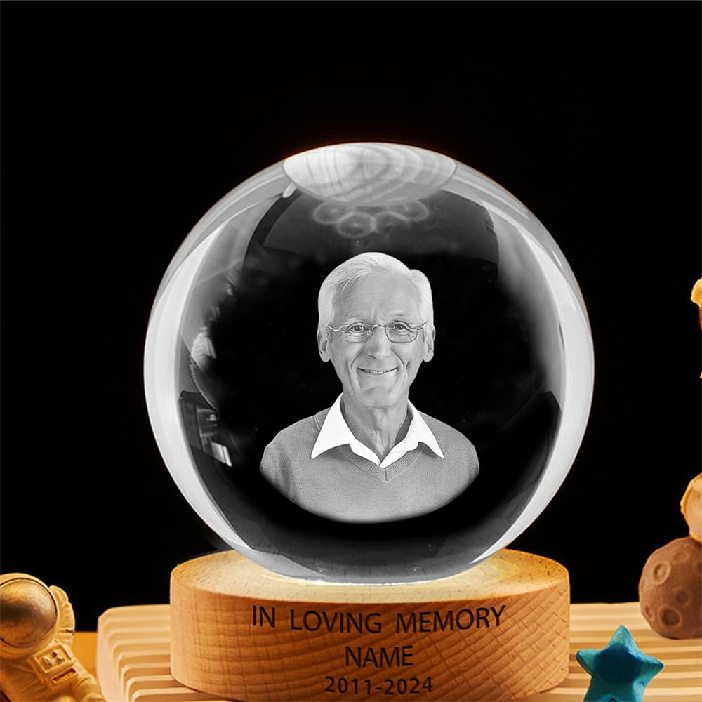 Personalized Dad Papa Grandpa photo Memorial Crystal Globe Night Light Gift for Women, Custom photo picture Grandpa 3D Memorial Crystal Ball Lamp for Bedroom Room Decor,Sympathy Gift of Remembrance