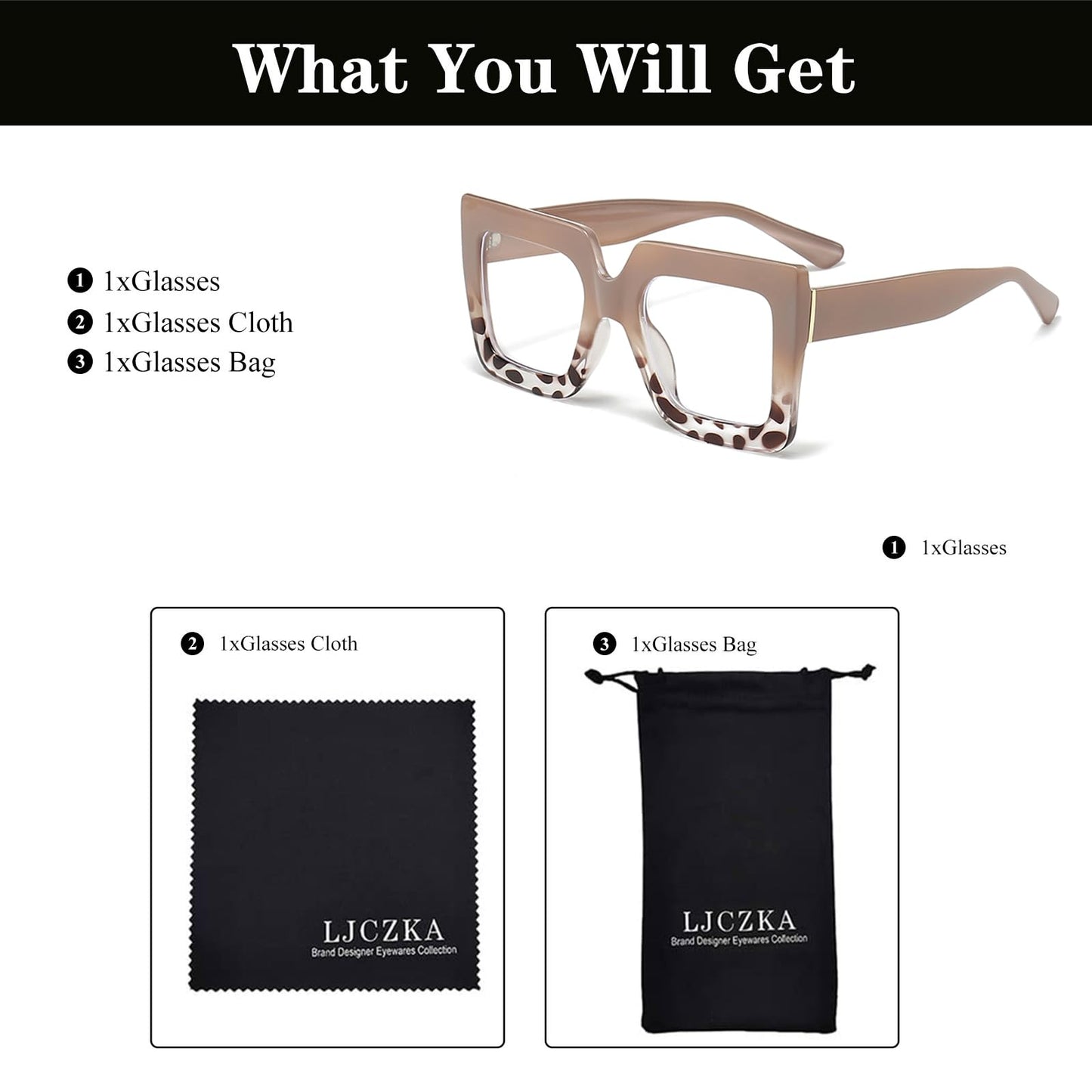 Ljczka Oversized Square Blue Light Glasses For Women Big Thick Frame Eyeglasses Stylish Chunky Computer Anti Glare Glasses (Brow