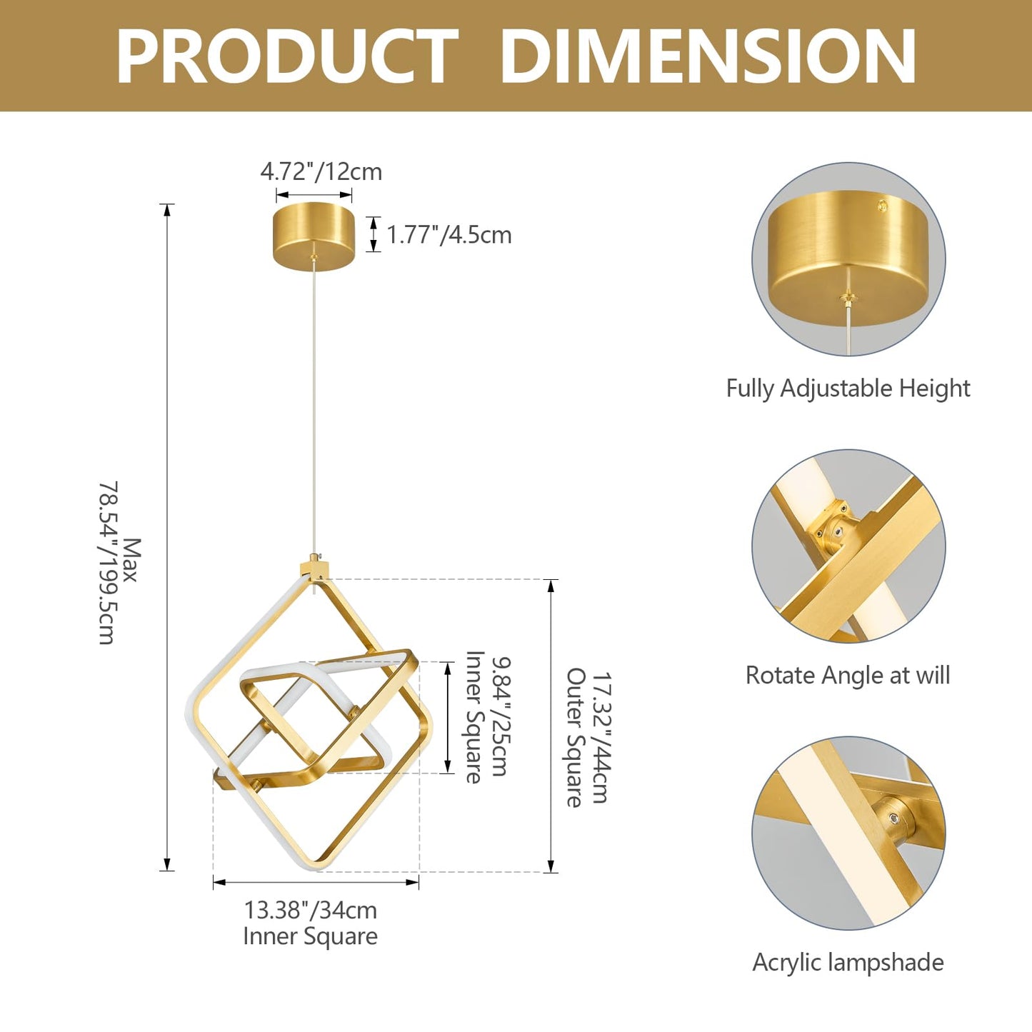 Bnhhlz Modern Led Pendant Light Gold Pendant Lights 4000K 35W Dimmable Height Adjustable Pendant Lighting Rectangle Chandelier For Kitchen Island Dining Room Bedroom Living Room Foyer(3-Ring)