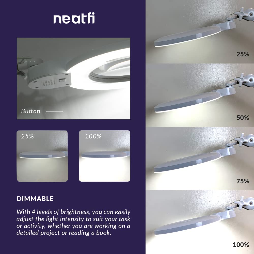 Neatfi XL Bifocal LED Magnifying Lamp, 7-Inch Lens, 5D/20D Magnification, Dimmable, Adjustable Arm, White, With Clamp, Model